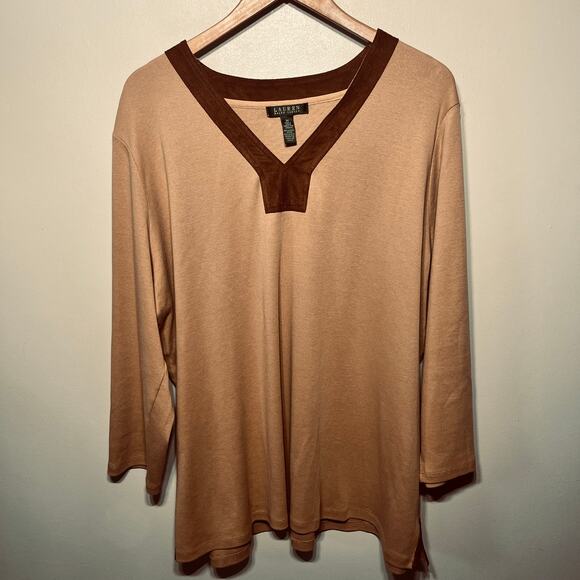 Lauren Ralph Lauren Tunic Sweater Knit Tan Brown V Neck Faux Suede Trim 3X - Picture 1 of 6